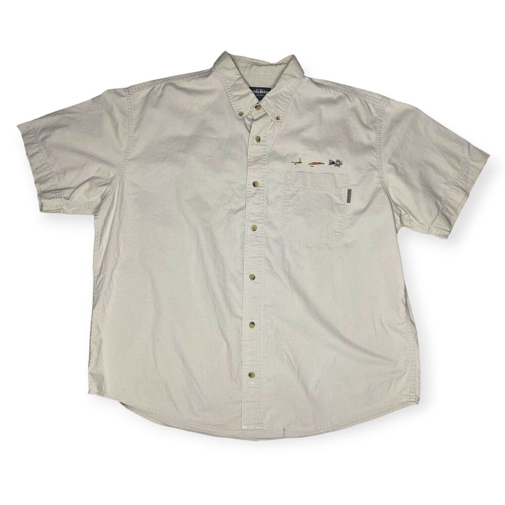 Vtg Woolrich Fly Fishing Button Down Shirt Men XL Chambray Beige Short Sleeve